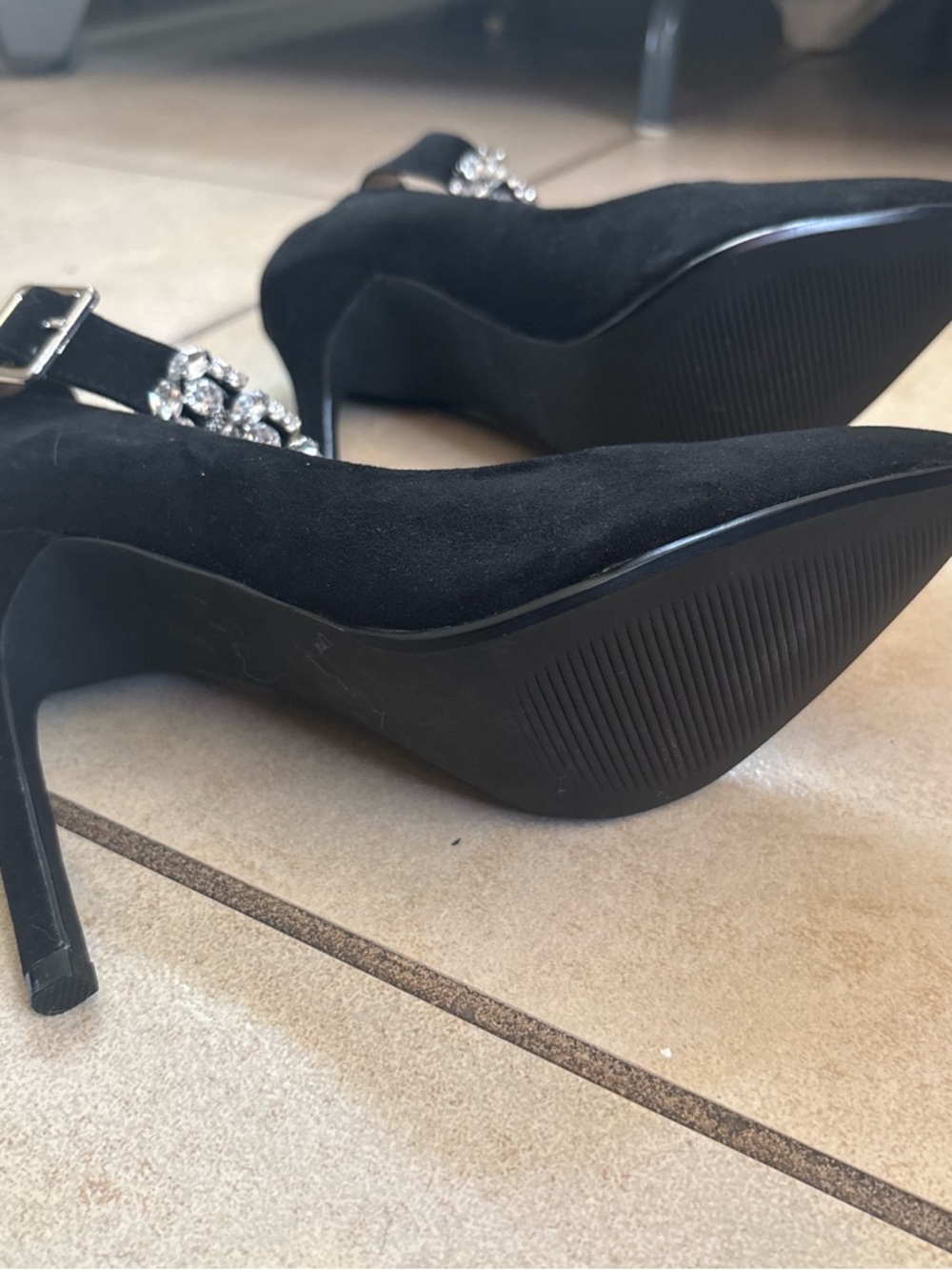 Abound Black Suede Pointed Toe Ankle Strap Pumps with Crystal Accent - Picture 7 of 8